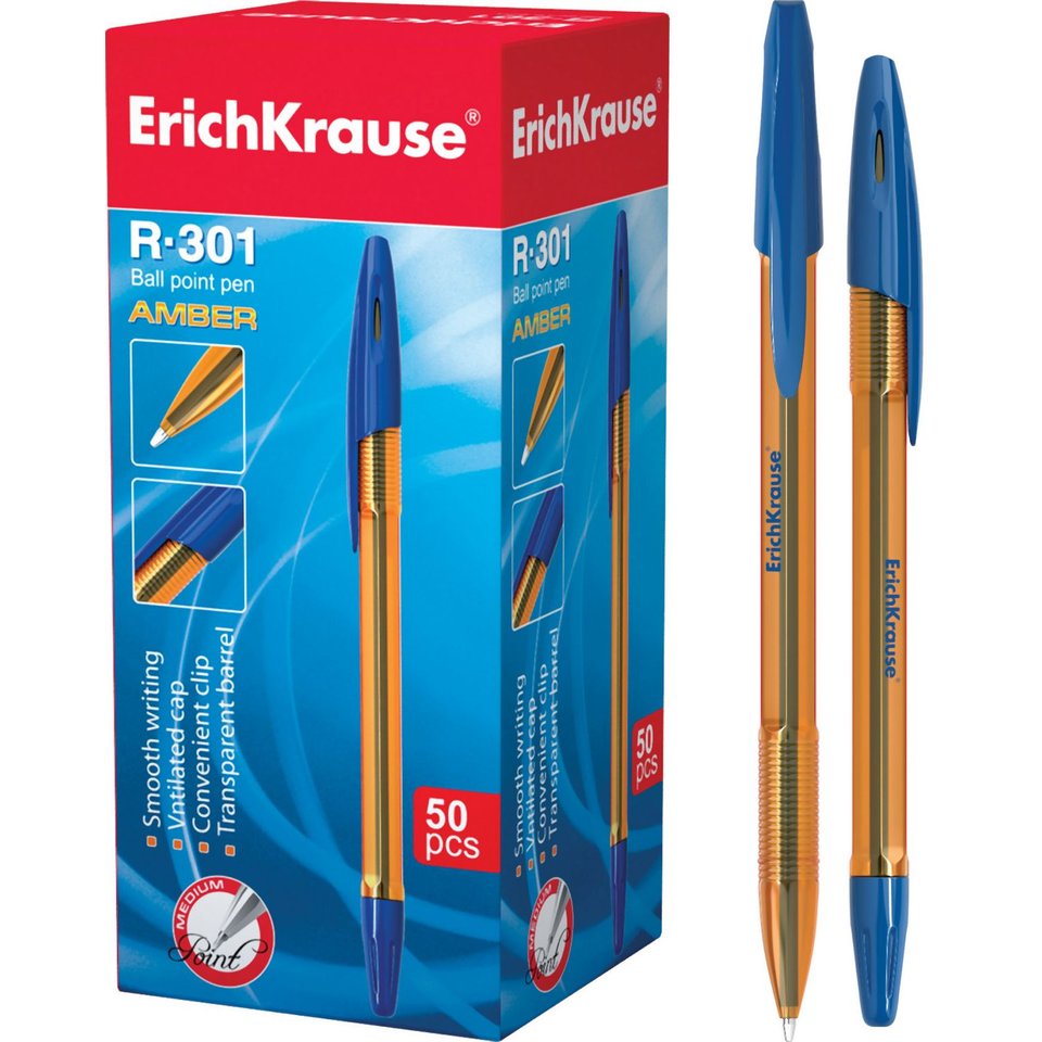 ручка шариковая ERICH KRAUSE R-301 AMBER синяя, прозрачный оранжевый корпус