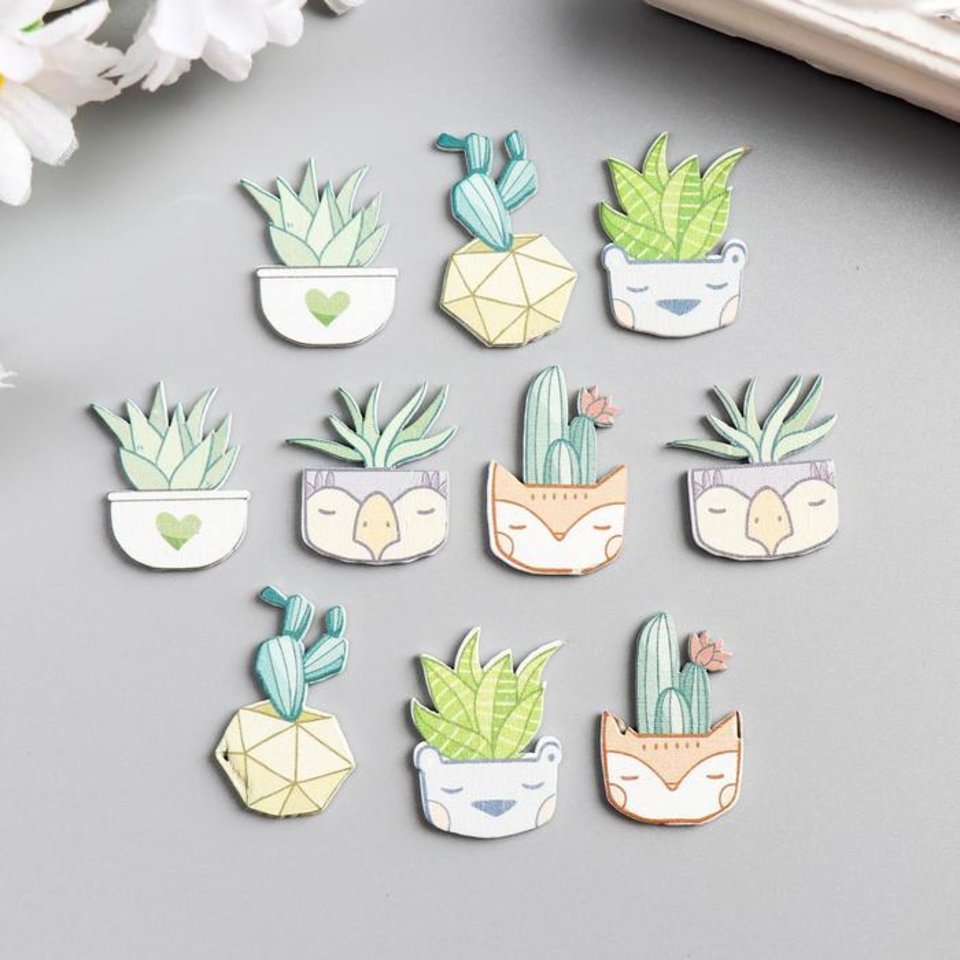 элементы для декора Суккуленты в горшочках дерево 10шт. 5097760