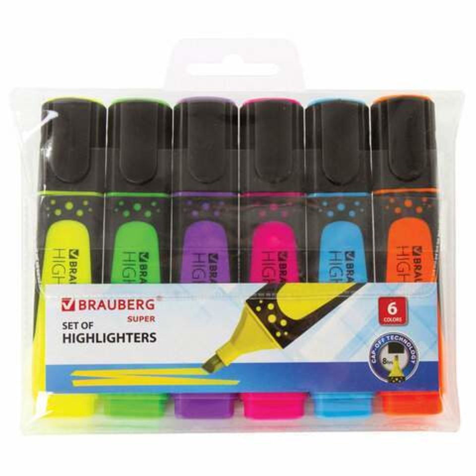 маркеры текстовыделители набор 6 цветов скошенный наконечник Brauberg 1-5мм 151747
