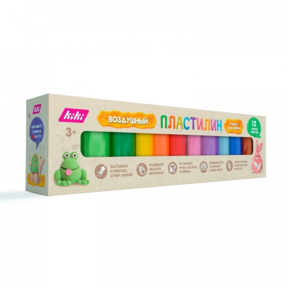 пластилин воздушный в наборе 12 цветов в коробке kiki pl007
