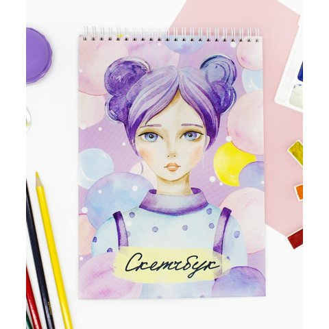 Скетчбук А4 Девушка в пузырях, на кольцах 200г/м СКНБ-02
