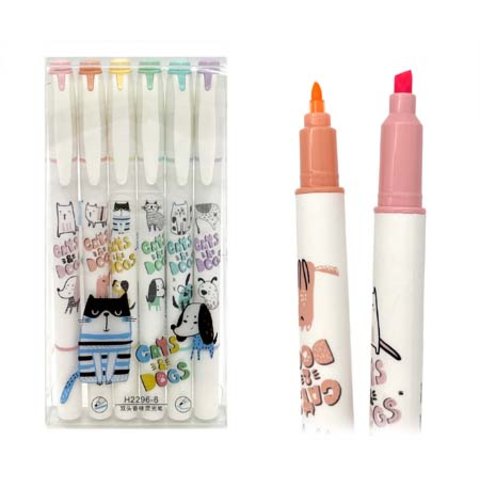 маркеры текстовыделители набор 6 цветов скошенный наконечник двухсторонние Cats&Dogs ct-73