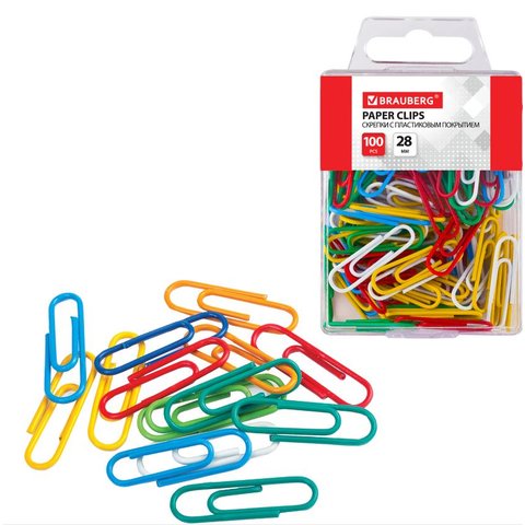 скрепки 28мм 100шт цветные пластиковая упаковка 221111/55367