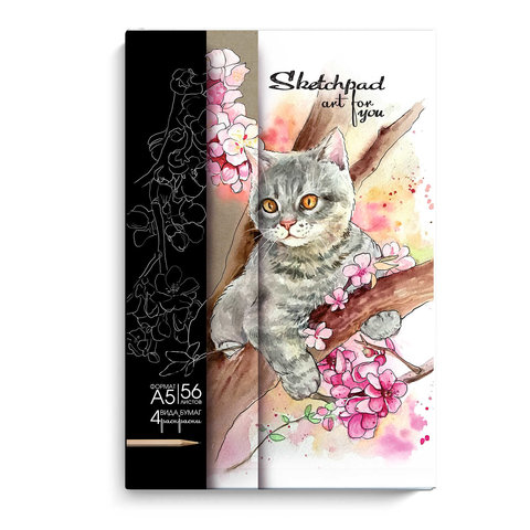 скетчпад А5 56 листов Кошка 100г/м120г/м/80г/м 4 вида бумаги 49087