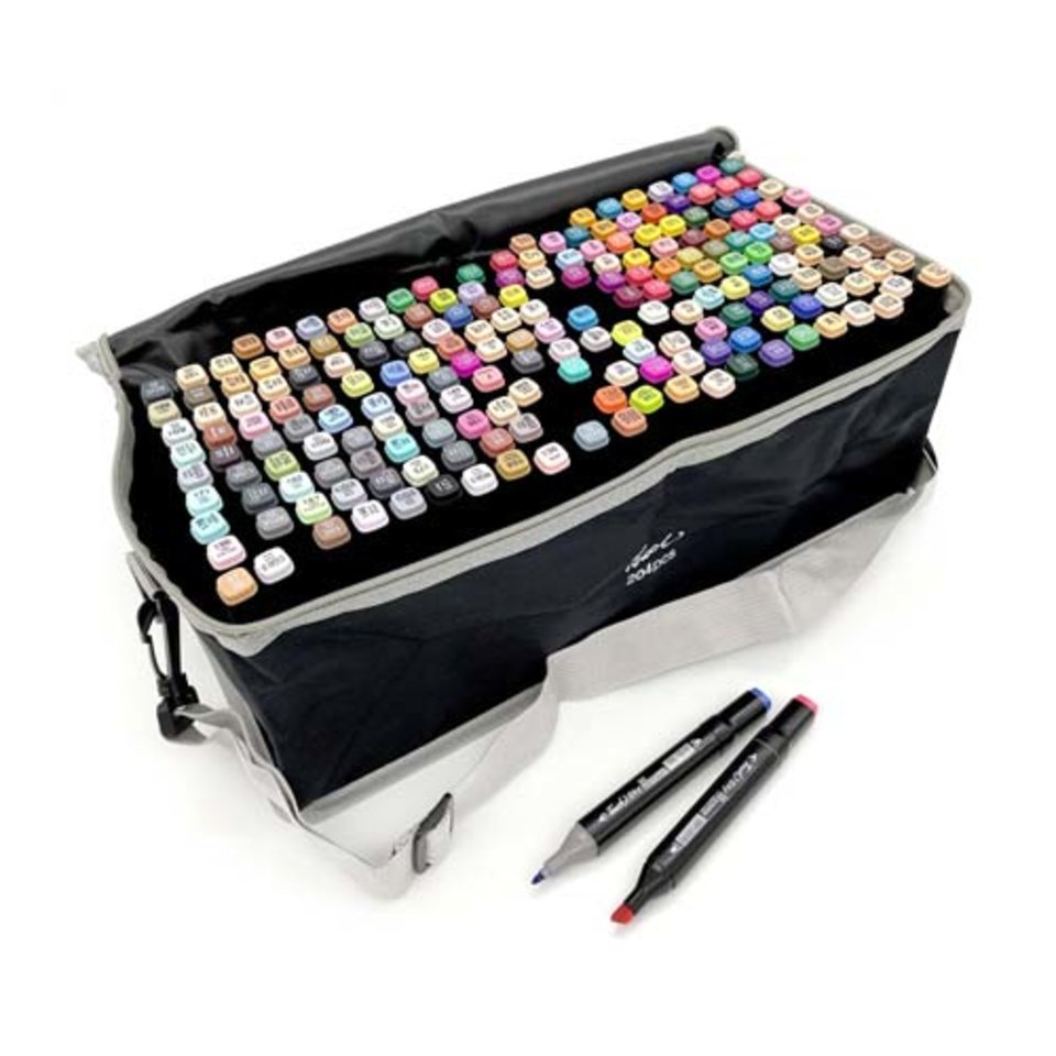 скетч-маркеры набор 204 цвета двухстороссние острый+скошенный ls-8 текстильная сумка 325121