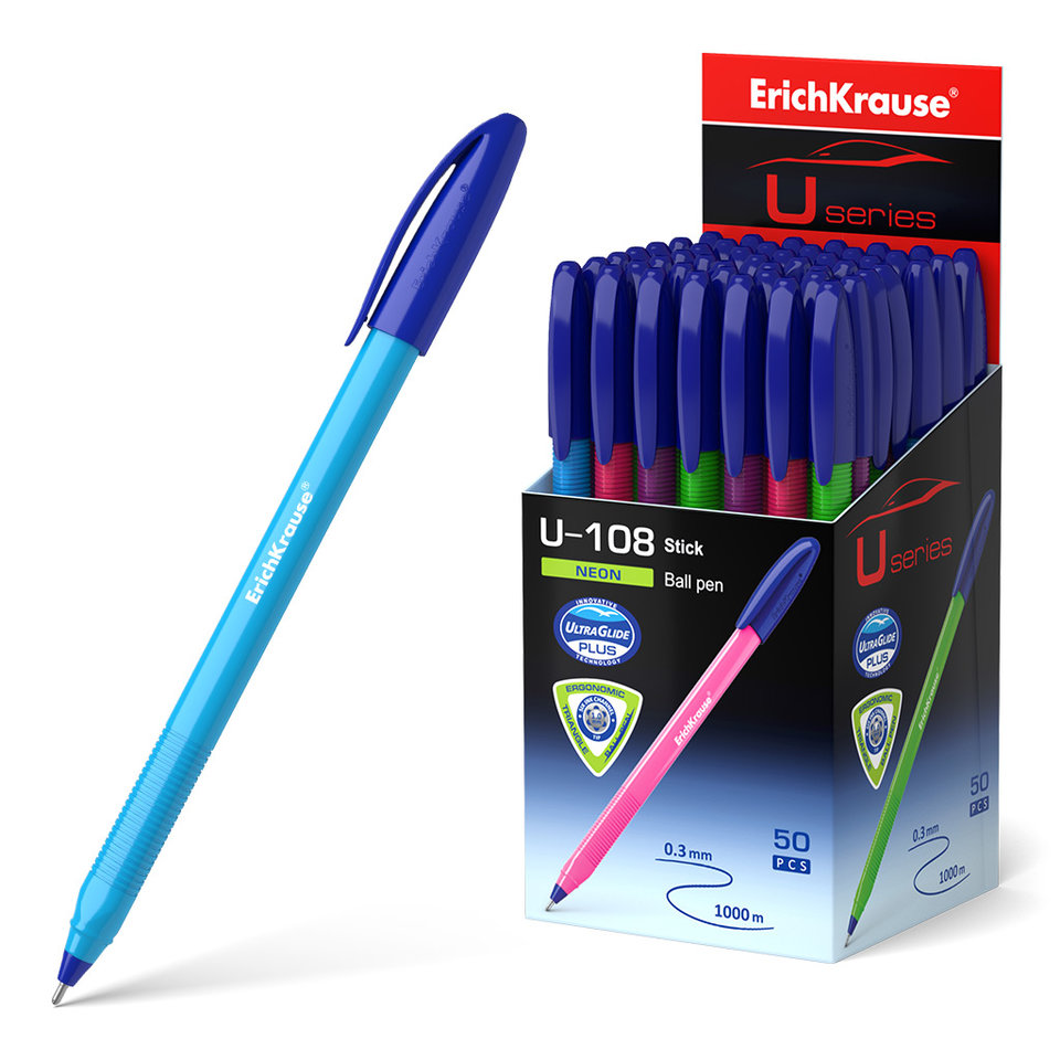 ручка шариковая Erich Krause U-108 Ultra Glide Neon Stick синяя 58092