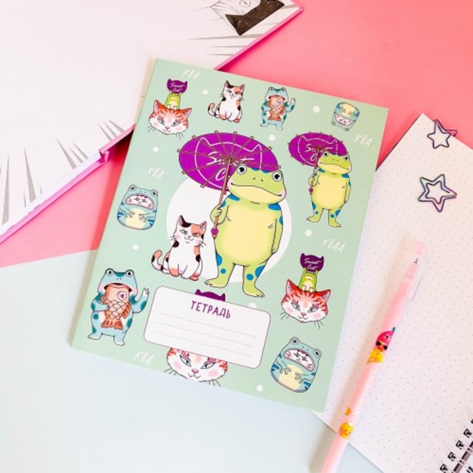 тетрадь 24 листа Лягушка И Кот Под Зонтом в клетку трв-52