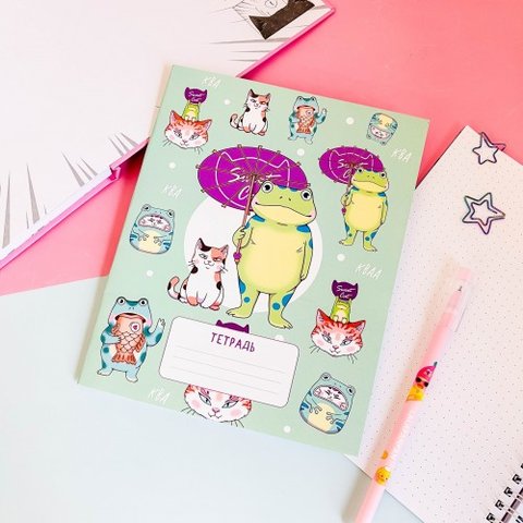 тетрадь 24 листа Лягушка И Кот Под Зонтом в клетку трв-52