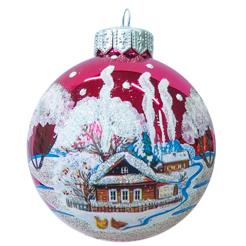игрушка стеклянная шар Крестьянские Домики 8см ку-80-234129