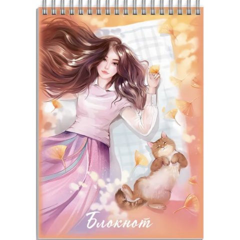 блокнот А7 40л Девушка с котиком гребень 68167