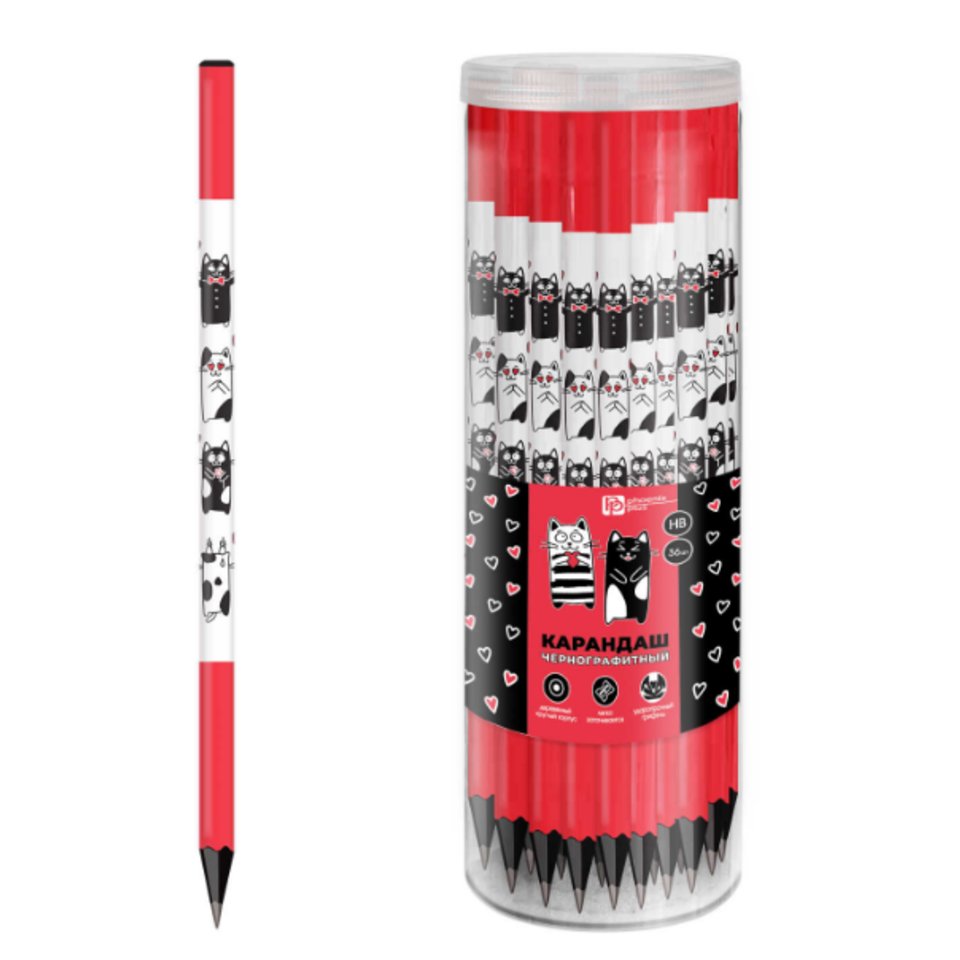карандаш простой Черно-белые коты черный круглый 70081