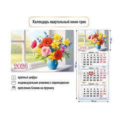 календарь квартальный-мини цветы 9235 3 блока 3 гребня 2026г