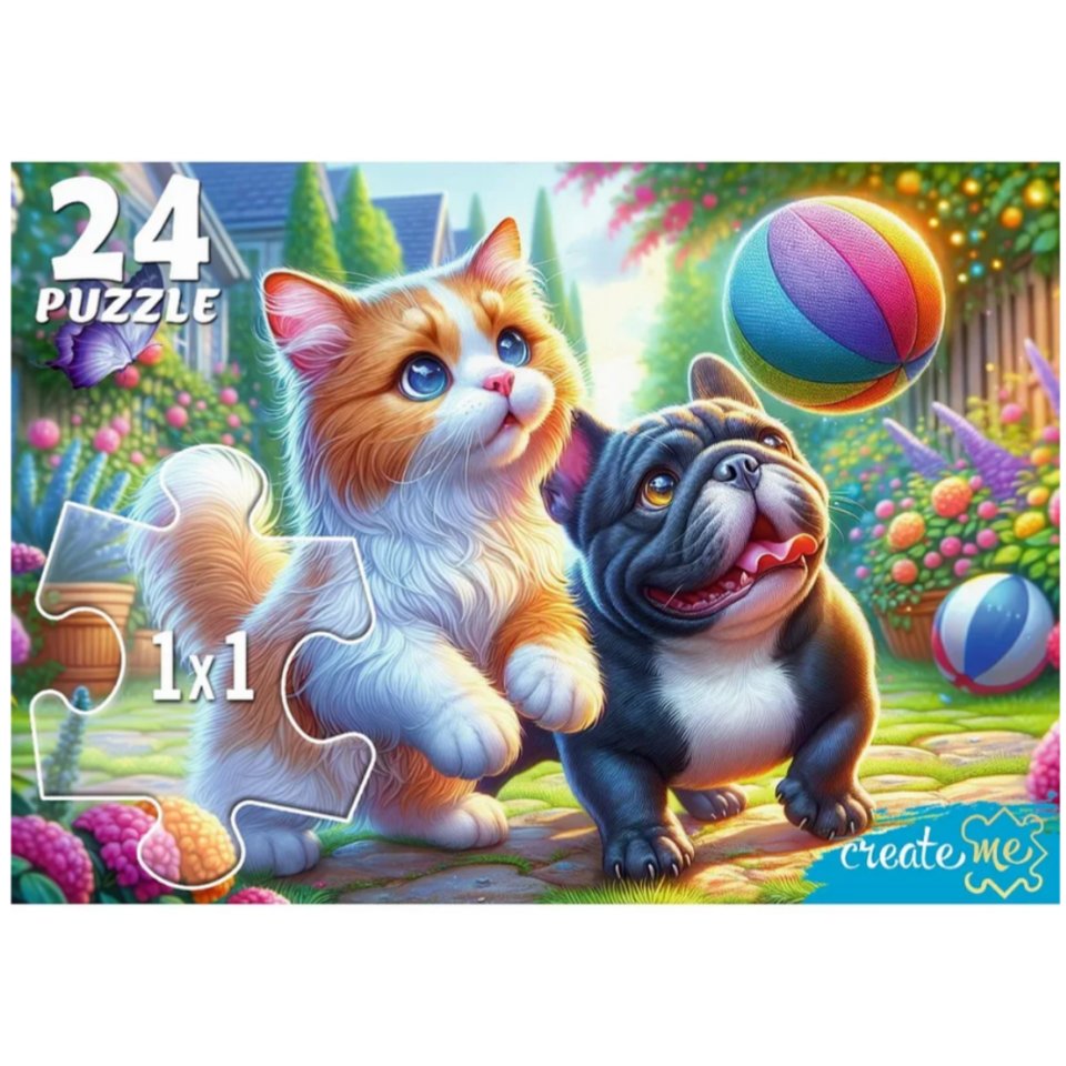 пазлы 24 макси Кот и щенок с мячом 0210