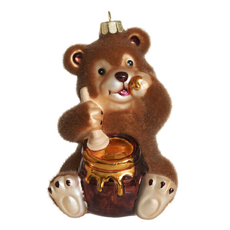 игрушка стеклянная Медвежонок пушистый с бочонком 10см glt1171