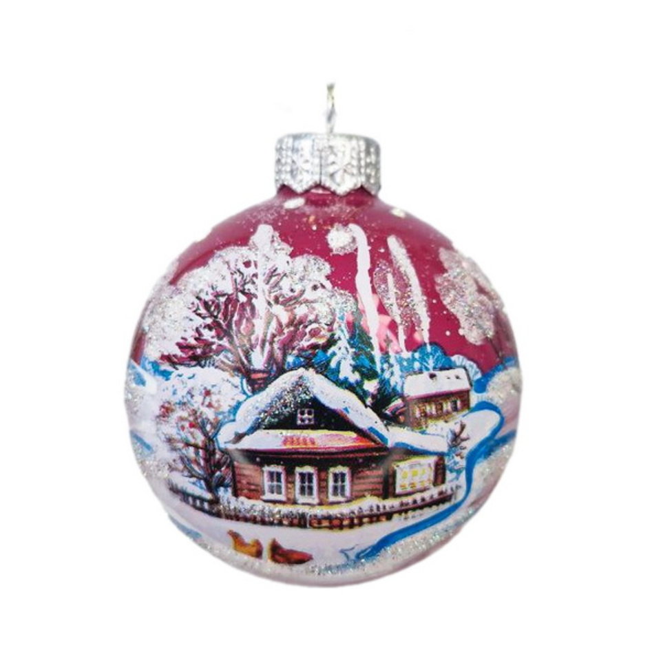 игрушка стеклянная шар Крестьянские домики 6,5см ку-65-234129