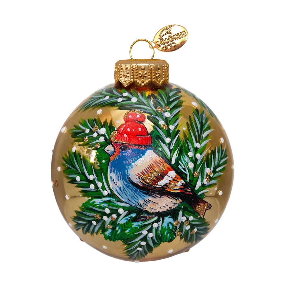 игрушка стеклянная шар Воробей в шапочке 8см ку-80-244036