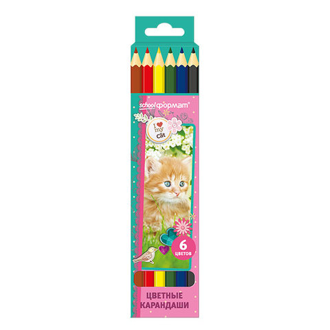 цветные карандаши 6 цветов SchoolФормат Милые котята Шестигранные